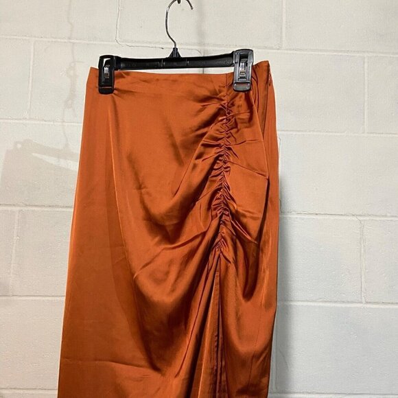 Abercrombie &‎ Fitch Satin Maxi Skirt XSMALL Copper Front Slit Ruched Date NIght - Picture 1 of 9